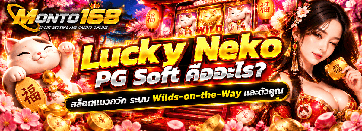 ภาพเกมสล็อต Lucky Neko PG Soft ธีมแมวกวัก พร้อมอธิบายระบบ Wilds-on-the-Way และ Cat Symbol Multiplier
